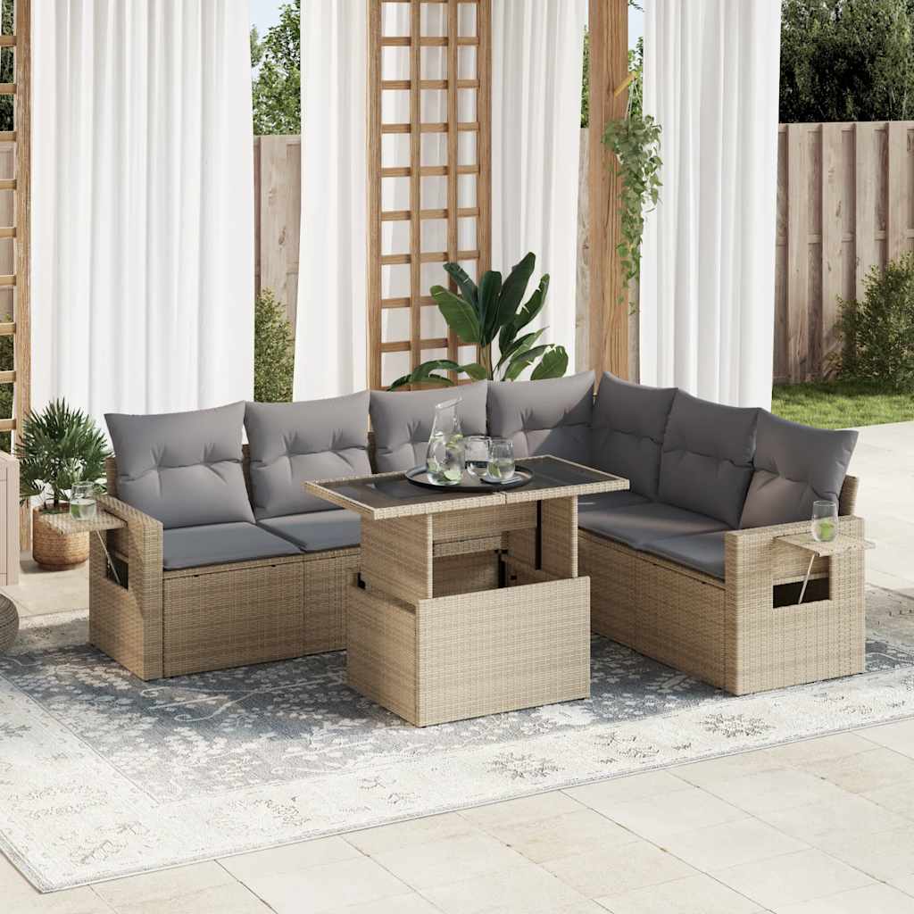 vidaXL 7-tlg. Garten-Sofagarnitur mit Kissen Beige Poly Rattan