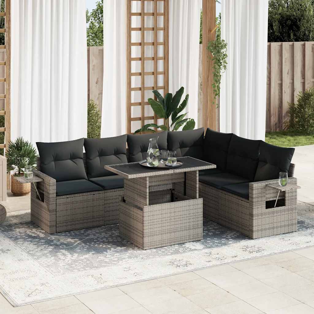 vidaXL 7-tlg. Garten-Sofagarnitur mit Kissen Grau Poly Rattan