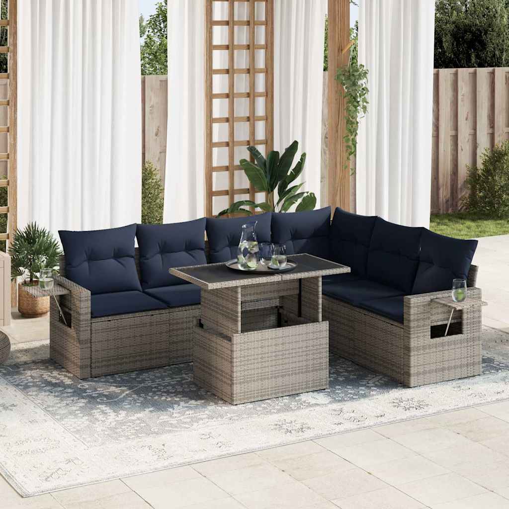 sofasæt til haven 7 dele med hynder polyrattan akacietræ sort