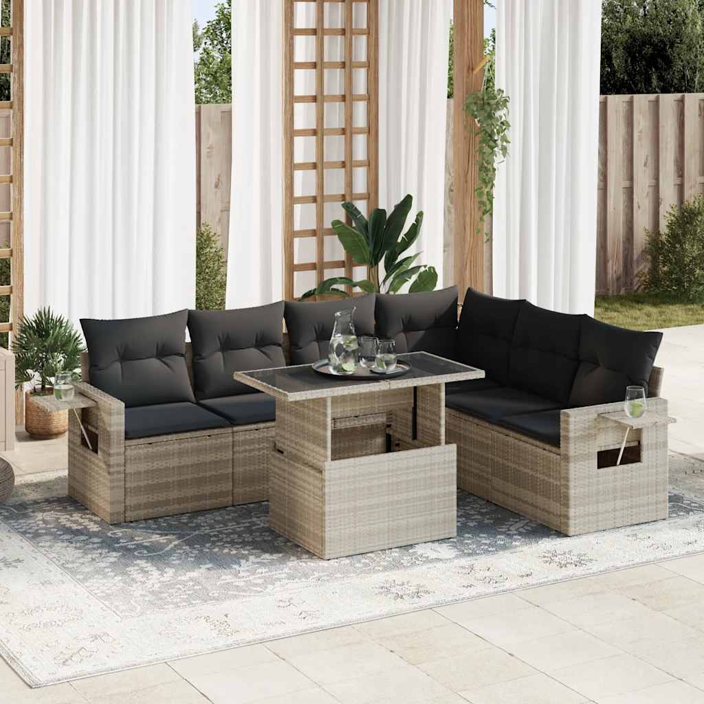 vidaXL 7-tlg. Garten-Sofagarnitur mit Kissen Hellgrau Poly Rattan