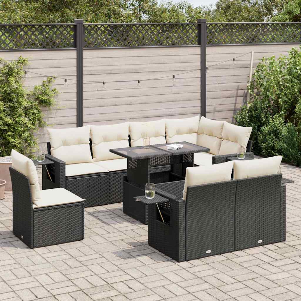 vidaXL 9-tlg. Garten-Sofagarnitur mit Kissen Schwarz Poly Rattan