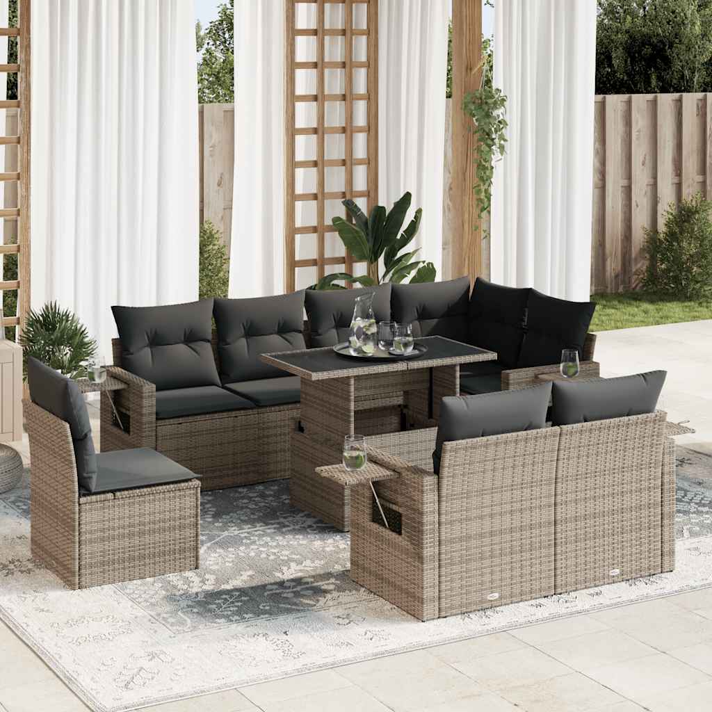 vidaXL Set canapele de grădină, 9 piese, cu perne, gri, poliratan