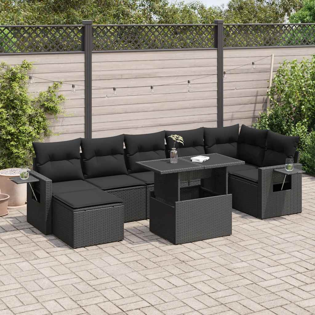 8-tlg. Garten-Sofagarnitur mit Kissen Schwarz Poly Rattan