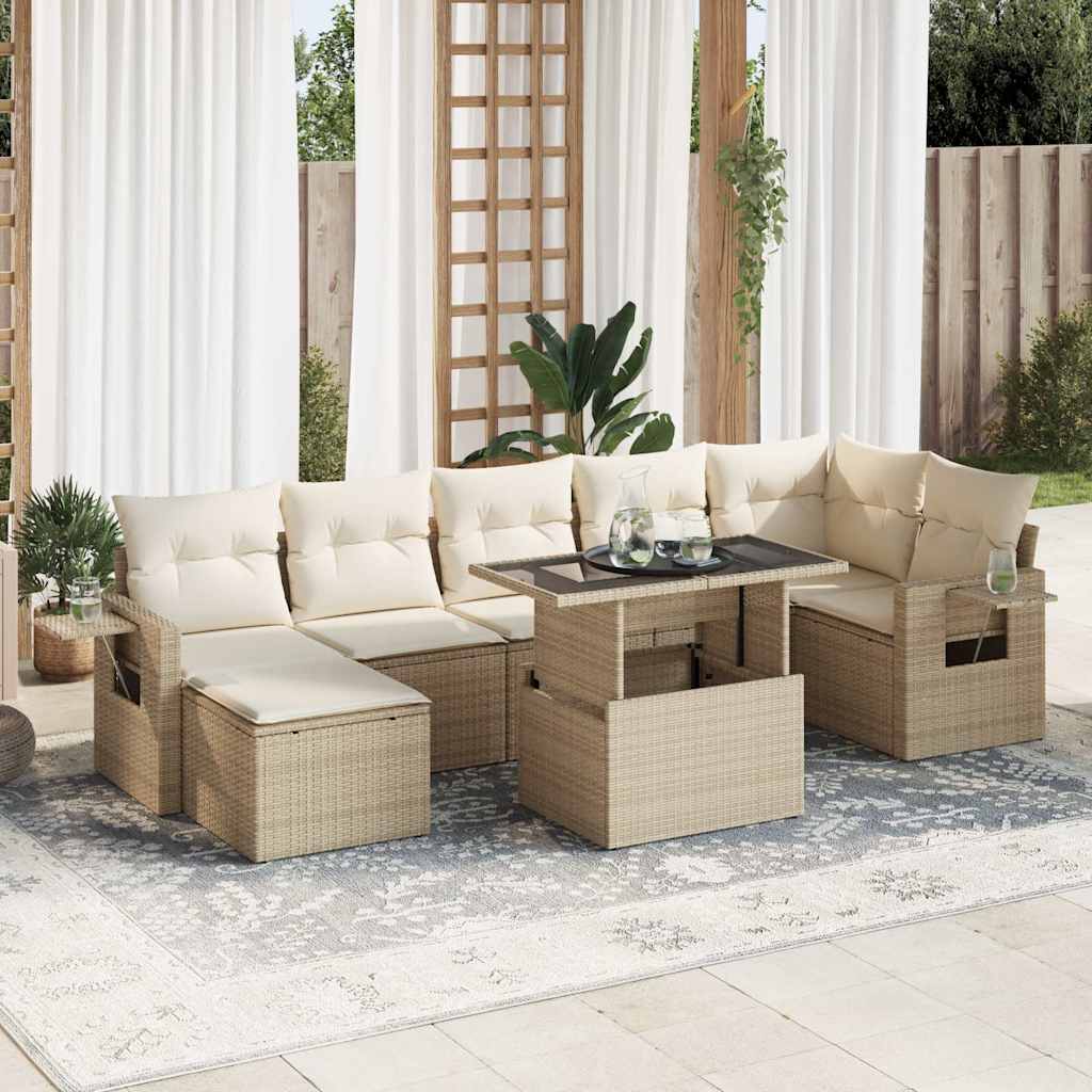 vidaXL 8-tlg. Garten-Sofagarnitur mit Kissen Beige Poly Rattan