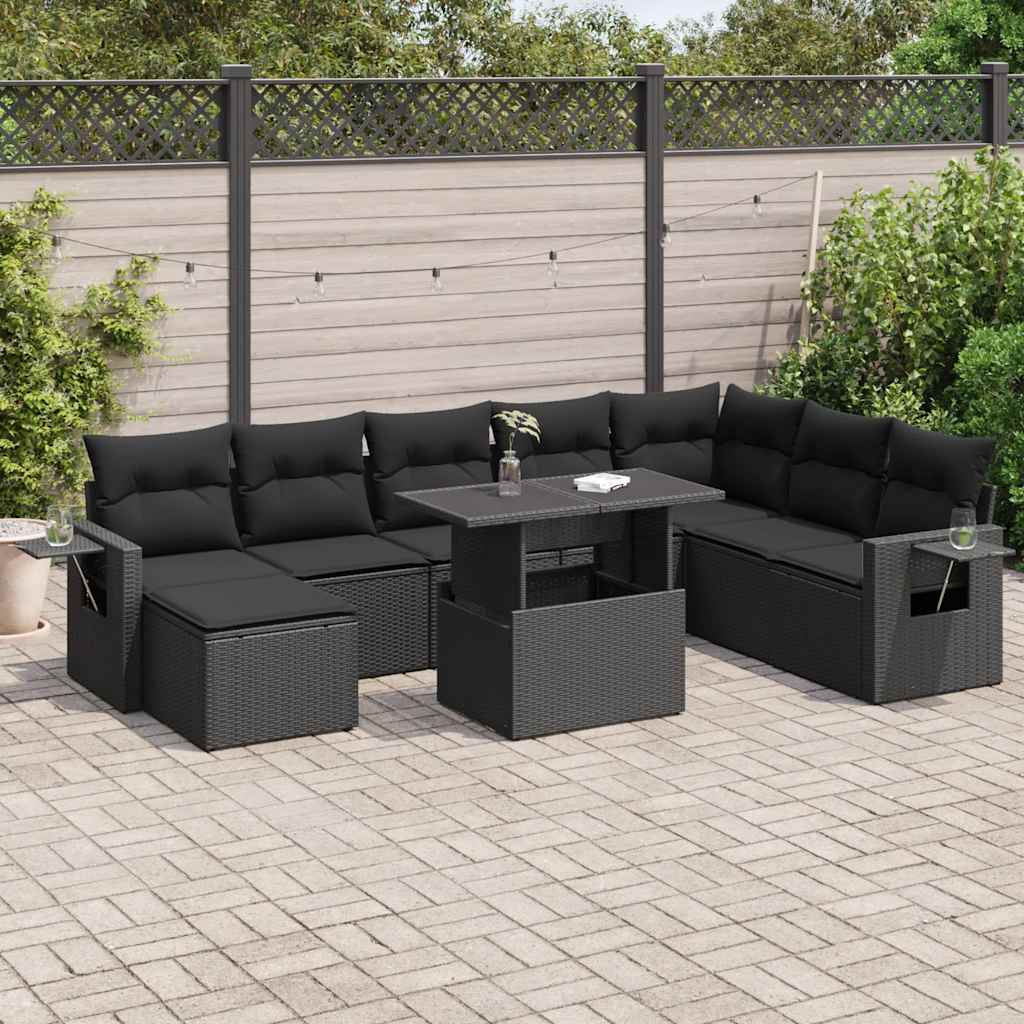 vidaXL Set mobilier de grădină cu perne, 9 piese, negru, poliratan