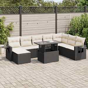 Vrtna sedežna garnitura 9-delna z blazinami črn poli ratan