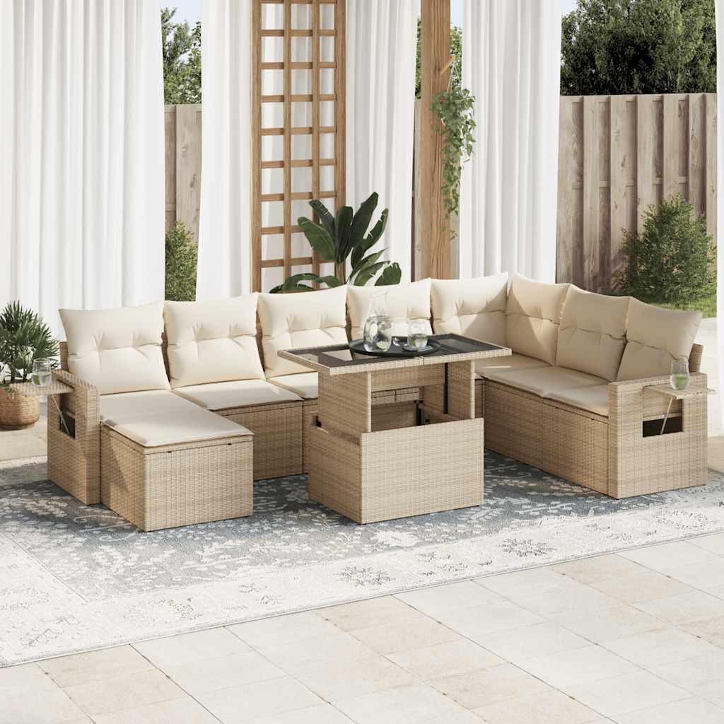 vidaXL 9-tlg. Garten-Sofagarnitur mit Kissen Beige Poly Rattan