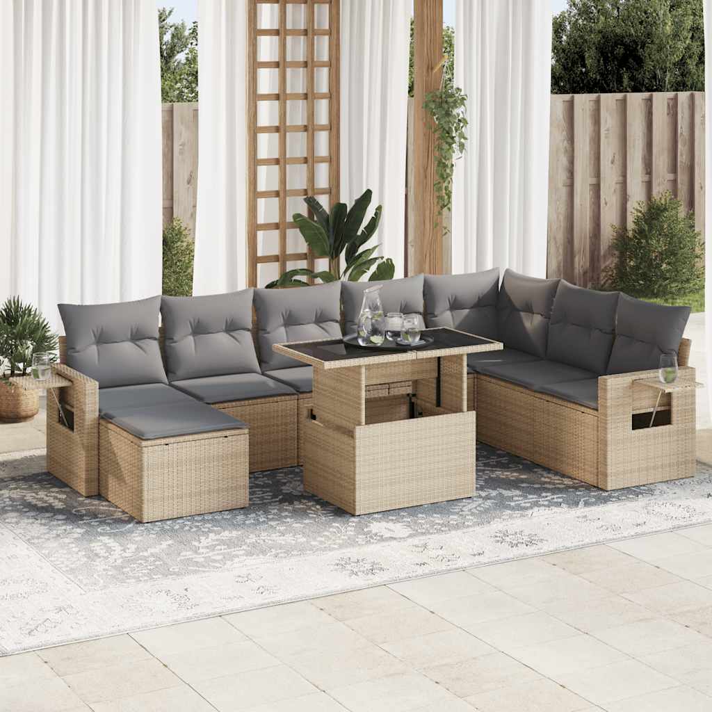 vidaXL 9-tlg. Garten-Sofagarnitur mit Kissen Beige Poly Rattan