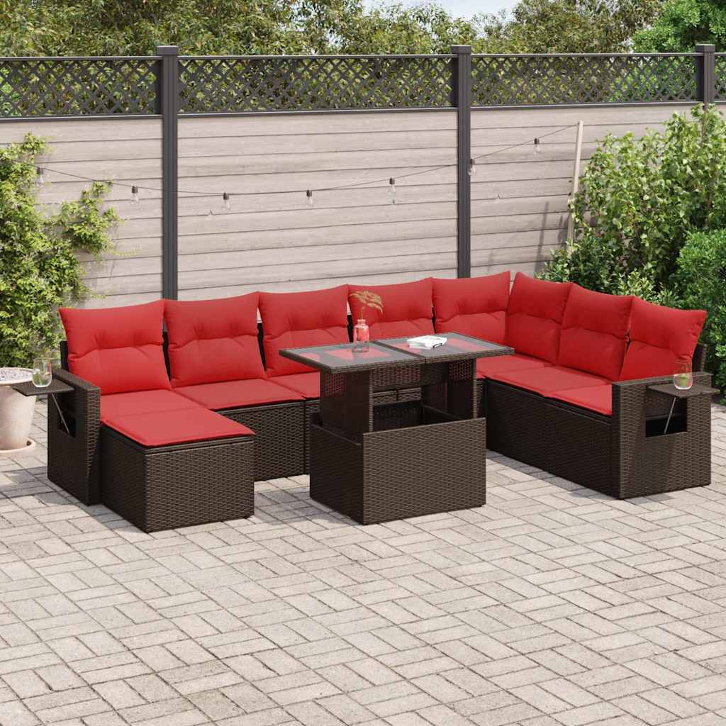 vidaXL 9-tlg. Garten-Sofagarnitur mit Kissen Braun Poly Rattan Akazie