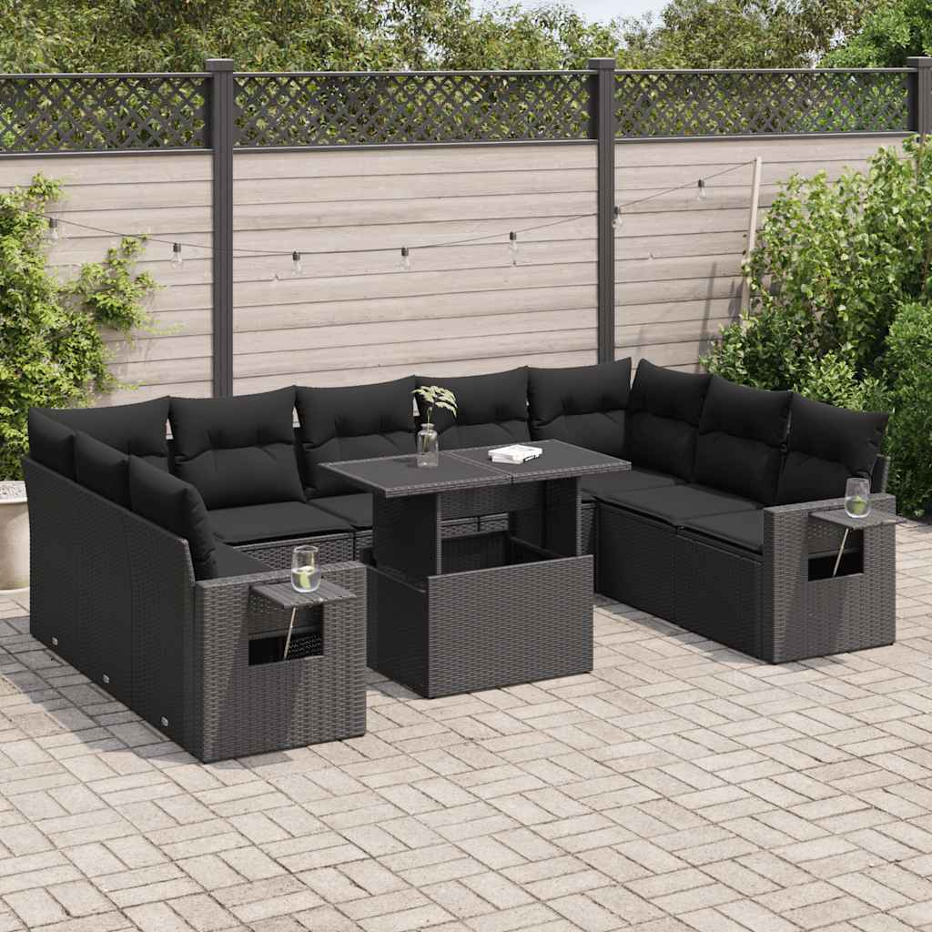 vidaXL 10-tlg. Garten-Sofagarnitur mit Kissen Schwarz Poly Rattan