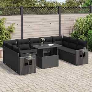 Vrtna sedežna garnitura 10-delna z blazinami črn poli ratan