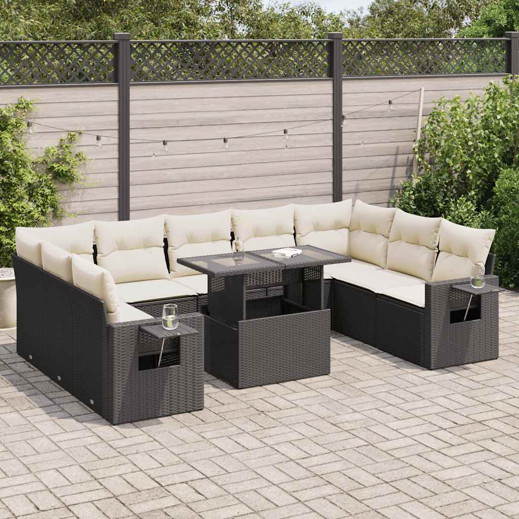 vidaXL 10-tlg. Garten-Sofagarnitur mit Kissen Schwarz Poly Rattan