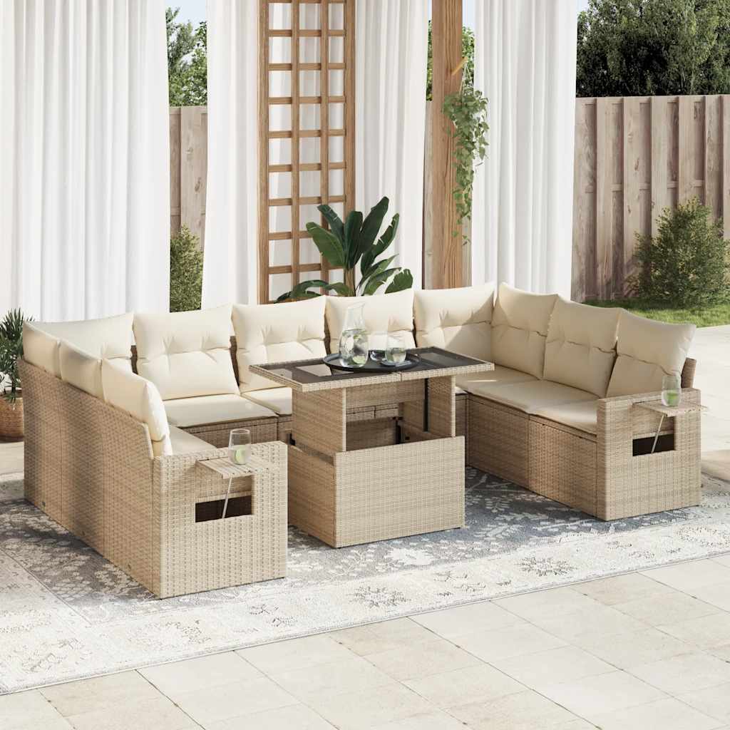 vidaXL 10-tlg. Garten-Sofagarnitur mit Kissen Beige Poly Rattan