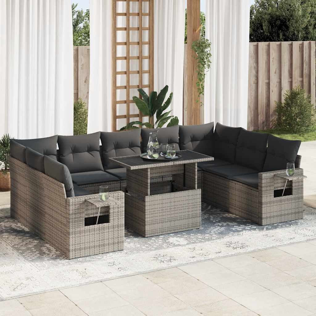 vidaXL Set mobilier de grădină cu perne, 10 piese, gri, poliratan