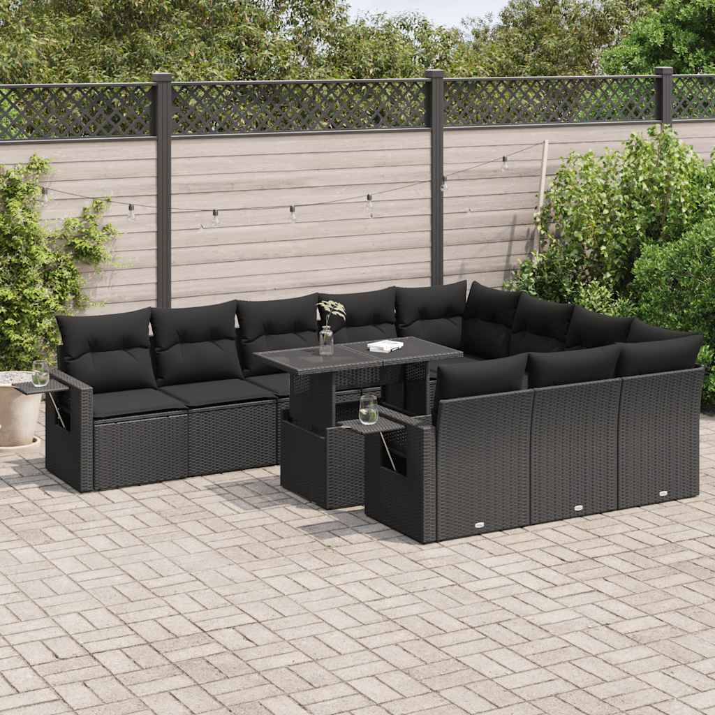 11-tlg. Garten-Sofagarnitur mit Kissen Schwarz Poly Rattan