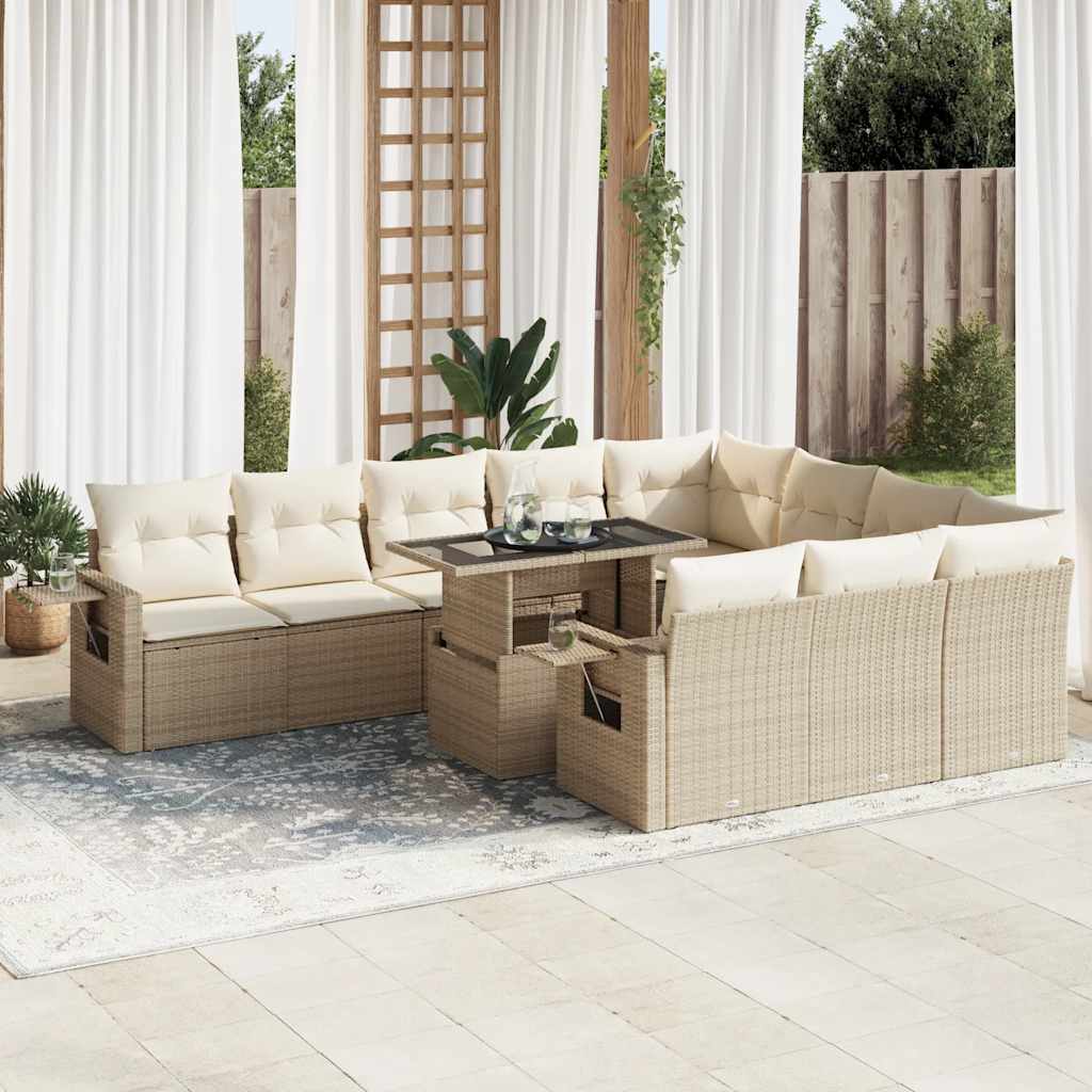 vidaXL 11-tlg. Garten-Sofagarnitur mit Kissen Beige Poly Rattan