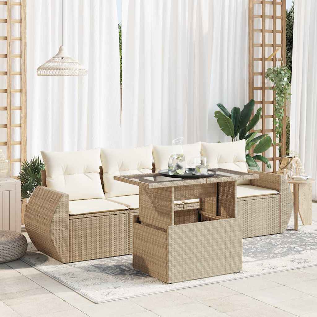 vidaXL 5-tlg. Garten-Sofagarnitur mit Kissen Beige Poly Rattan