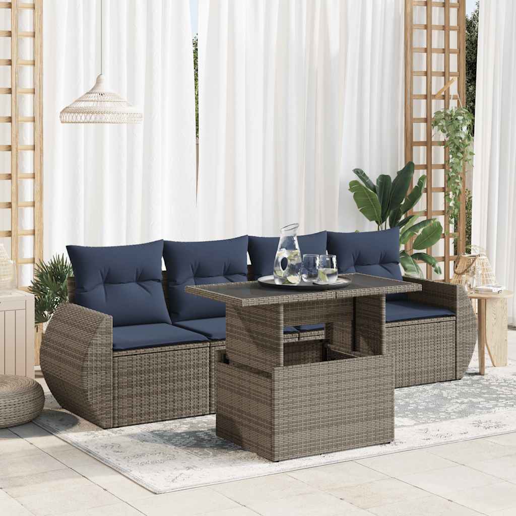 5 Piece Garden Sofa Set with Cushions Grey Poly Rattan Acacia