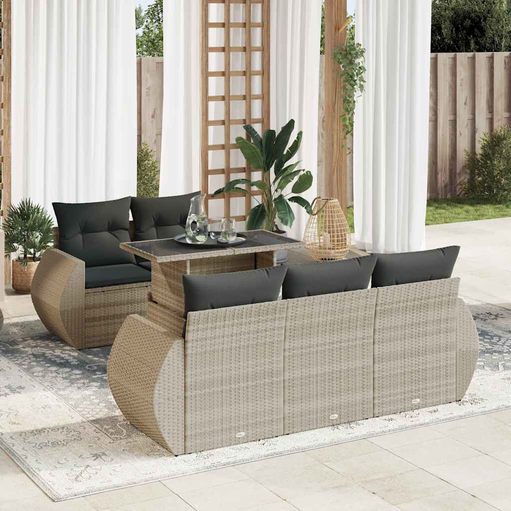 6-tlg. Garten-Sofagarnitur mit Kissen Hellgrau Poly Rattan