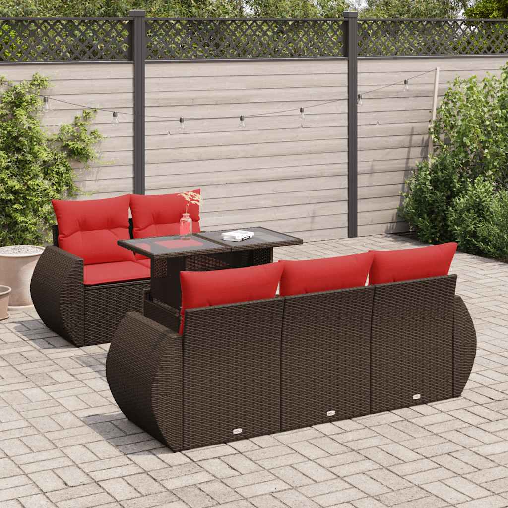 6 Piece Garden Sofa Set with Cushions Brown Poly Rattan Acacia