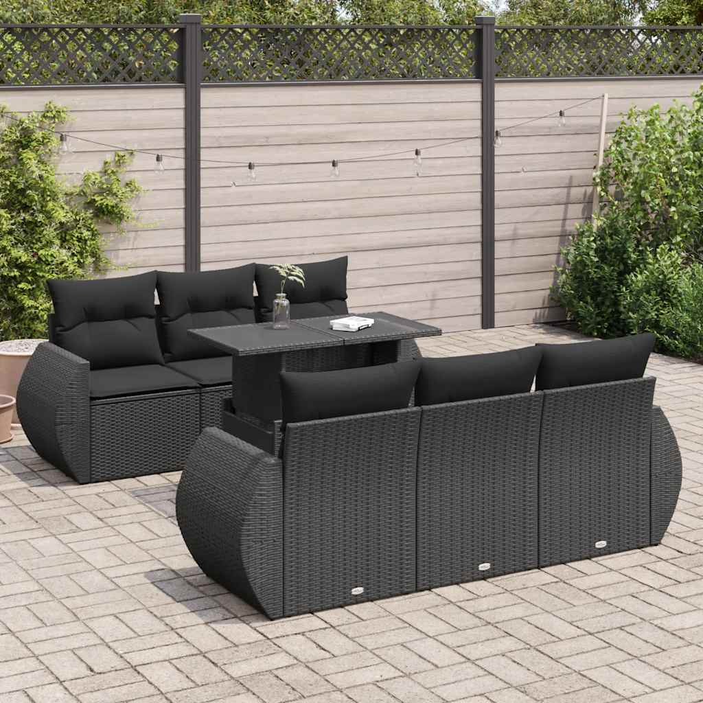 vidaXL 7-tlg. Garten-Sofagarnitur mit Kissen Schwarz Poly Rattan