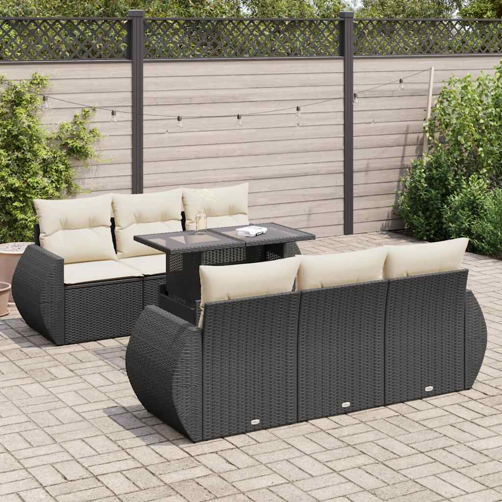 vidaXL 7-tlg. Garten-Sofagarnitur mit Kissen Schwarz Poly Rattan