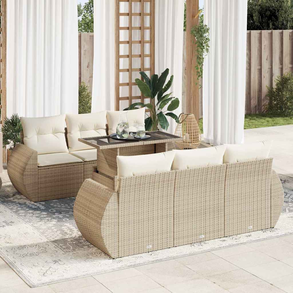 vidaXL 7-tlg. Garten-Sofagarnitur mit Kissen Beige Poly Rattan