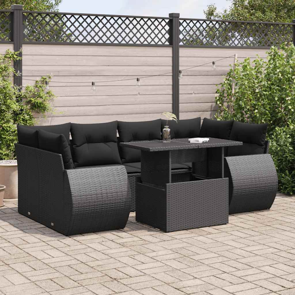 vidaXL 7-tlg. Garten-Sofagarnitur mit Kissen Schwarz Poly Rattan