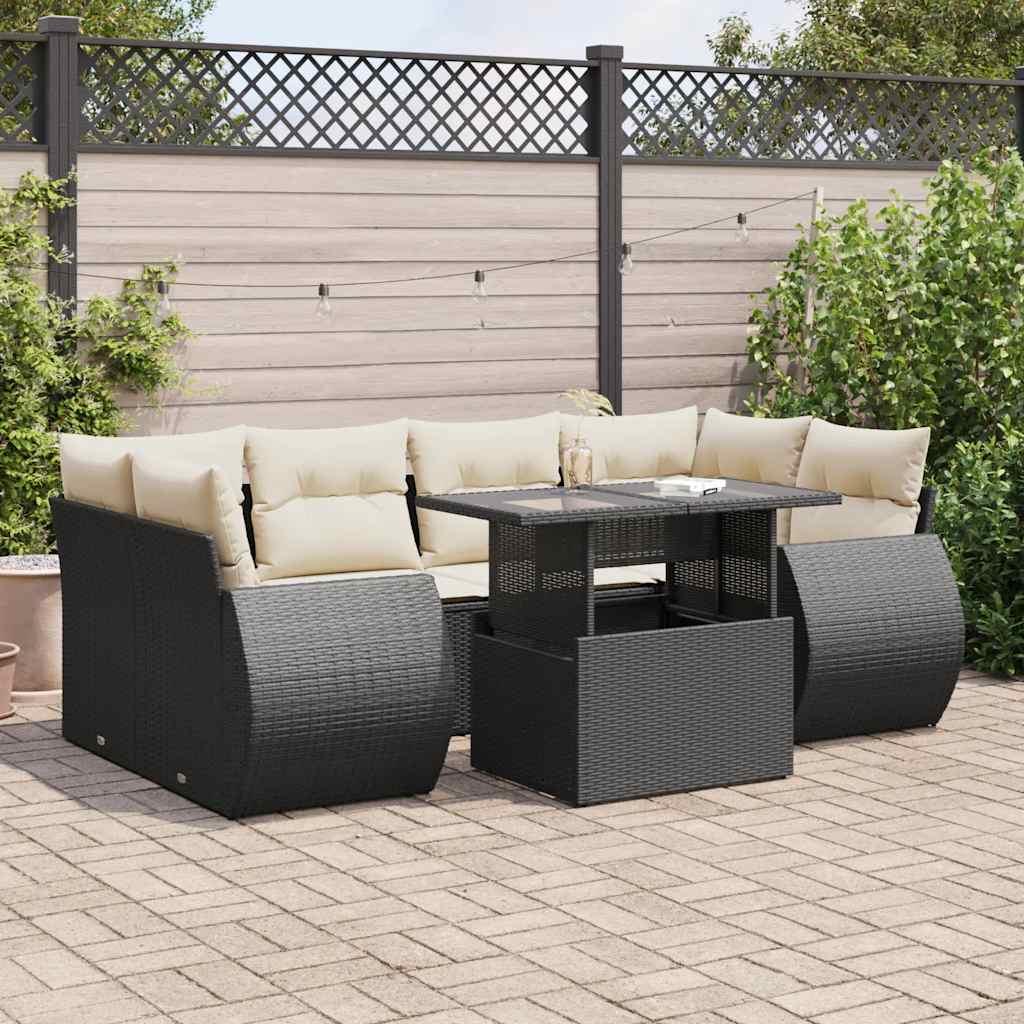 7-tlg. Garten-Sofagarnitur mit Kissen Schwarz Poly Rattan