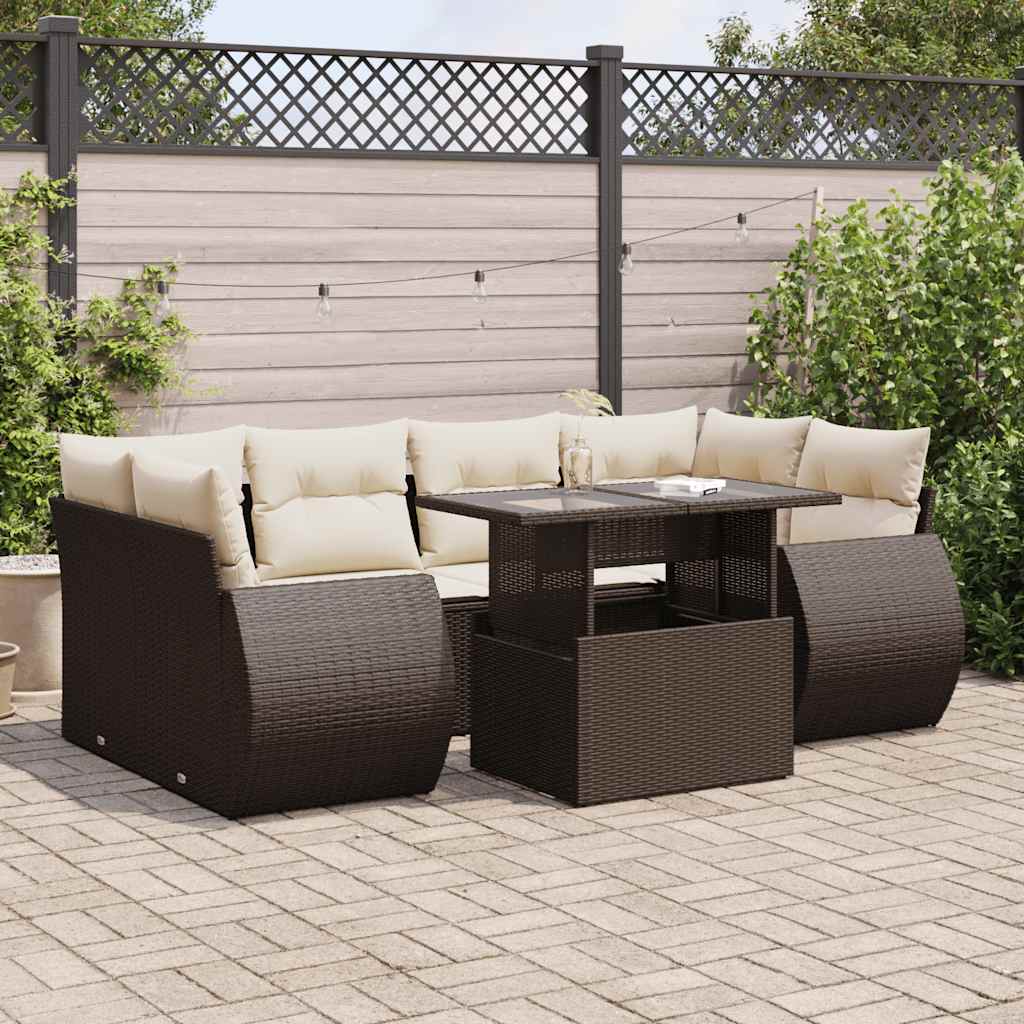 7-tlg. Garten-Sofagarnitur mit Kissen Braun Poly Rattan