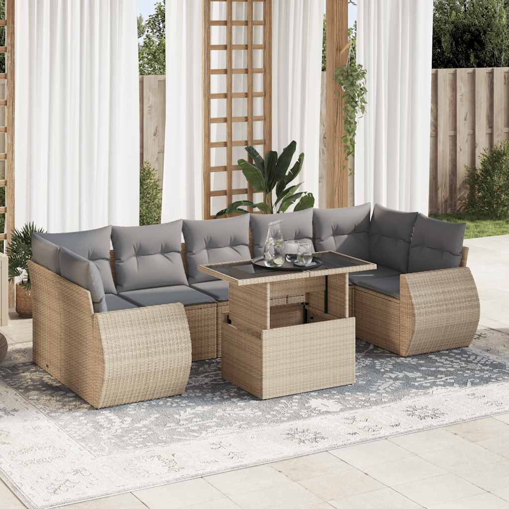 vidaXL 8-tlg. Garten-Sofagarnitur mit Kissen Beige Poly Rattan