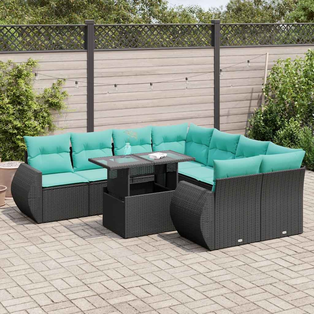 vidaXL 9-tlg. Garten-Sofagarnitur mit Kissen Schwarz Poly Rattan