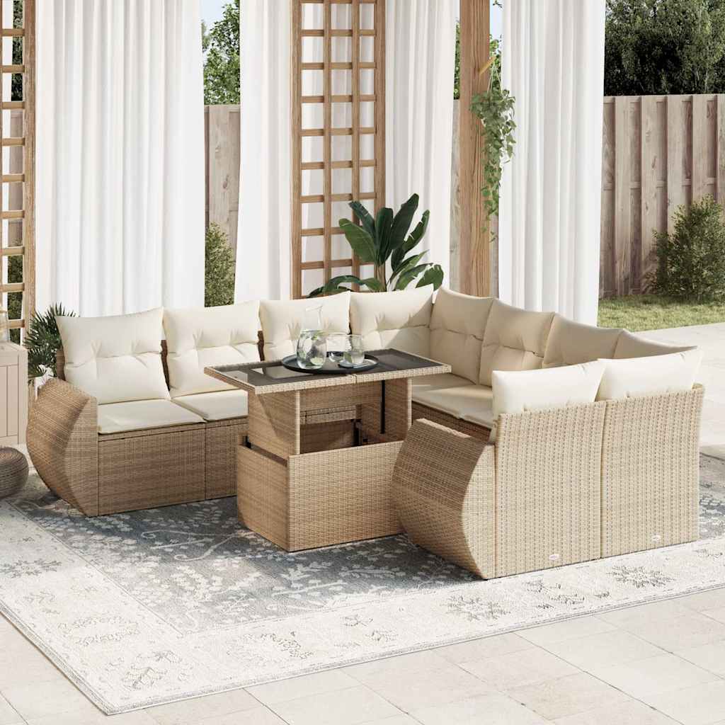 vidaXL 9-tlg. Garten-Sofagarnitur mit Kissen Beige Poly Rattan