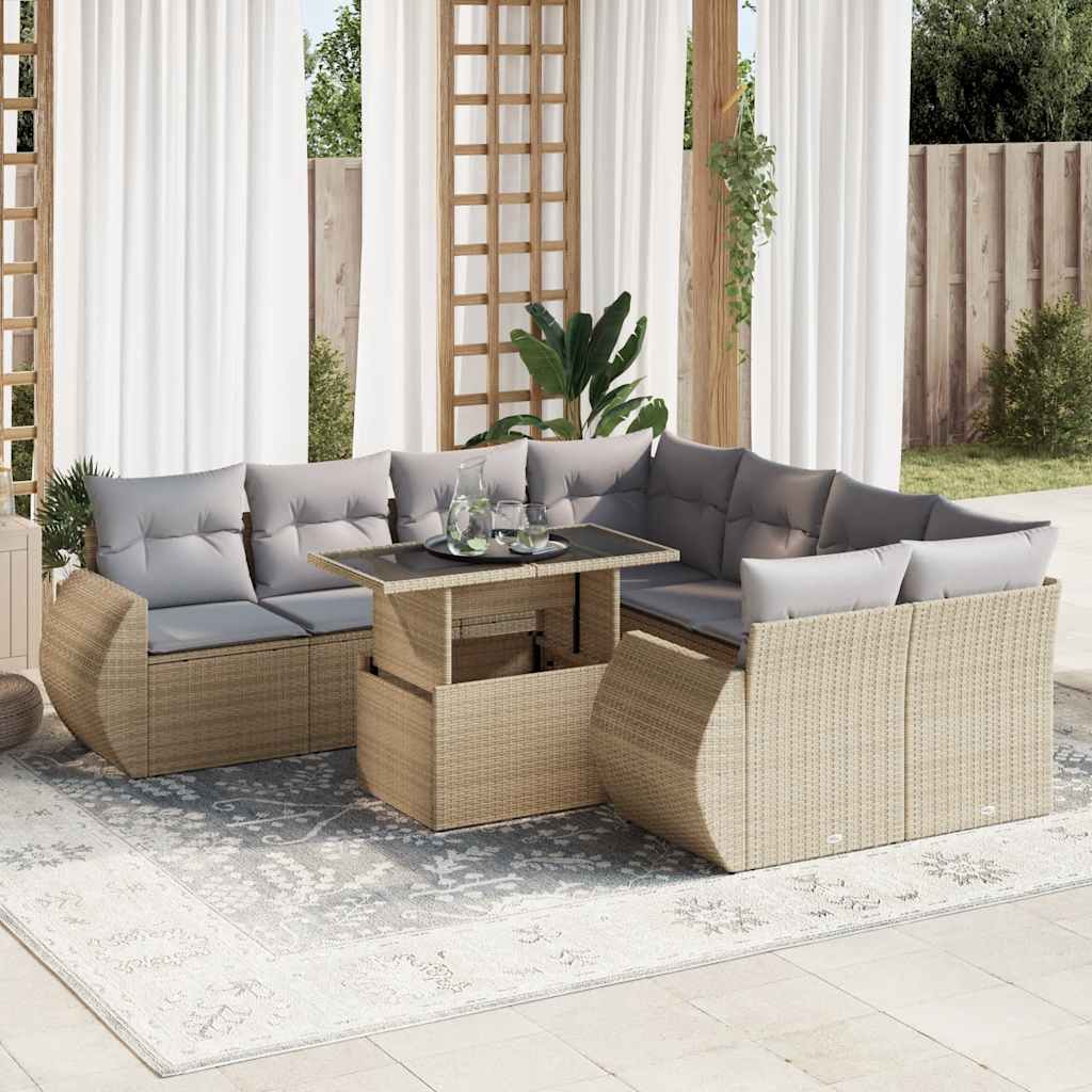 vidaXL Set canapele de grădină, 9 piese, cu perne, bej, poliratan