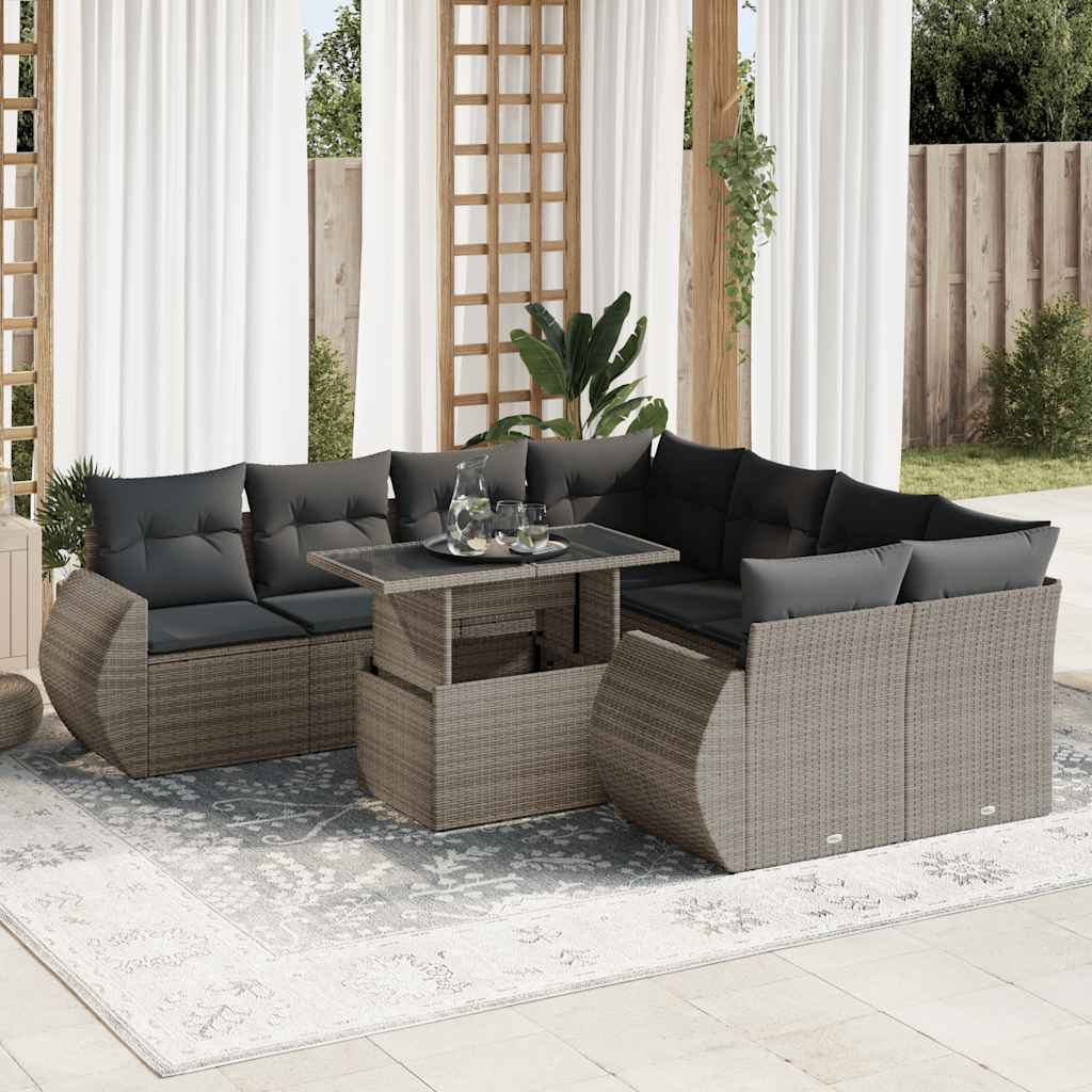 vidaXL 9-tlg. Garten-Sofagarnitur mit Kissen Grau Poly Rattan