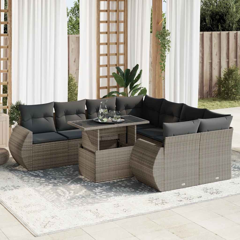 vidaXL Set canapele de grădină, 9 piese, cu perne, gri, poliratan