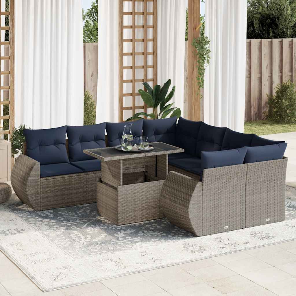 vidaXL 9-tlg. Garten-Sofagarnitur mit Kissen Grau Poly Rattan Akazie