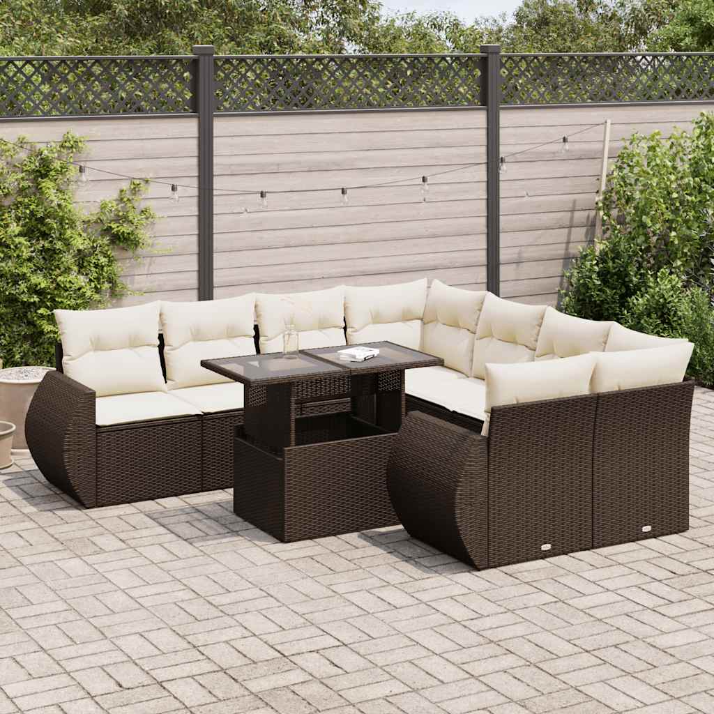 9-tlg. Garten-Sofagarnitur mit Kissen Braun Poly Rattan