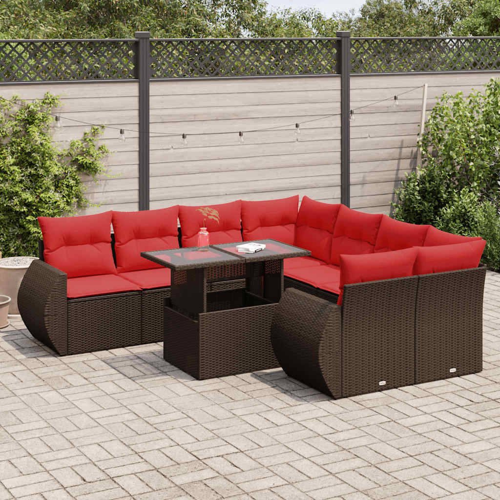 9 Piece Garden Sofa Set with Cushions Brown Poly Rattan Acacia