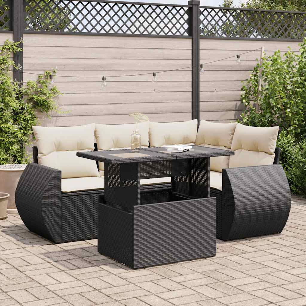 vidaXL 5-tlg. Garten-Sofagarnitur mit Kissen Schwarz Poly Rattan