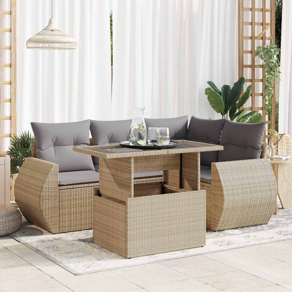 vidaXL 5-tlg. Garten-Sofagarnitur mit Kissen Beige Poly Rattan