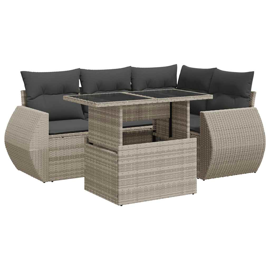 Thumbnail - vidaXL 5-tlg. Garten-Sofagarnitur mit Kissen Hellgrau Poly Rattan