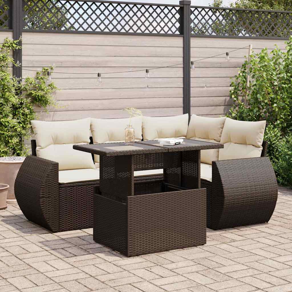 5-tlg. Garten-Sofagarnitur mit Kissen Braun Poly Rattan