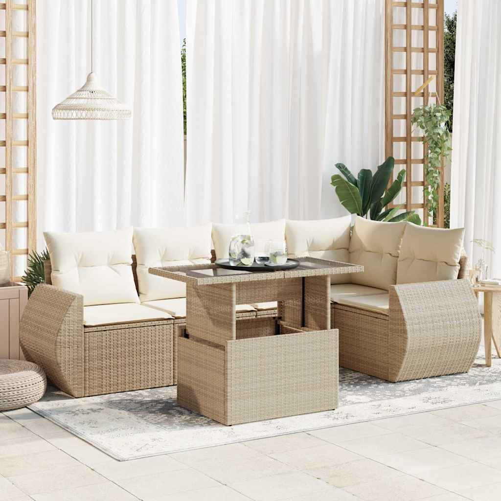 vidaXL 6-tlg. Garten-Sofagarnitur mit Kissen Beige Poly Rattan