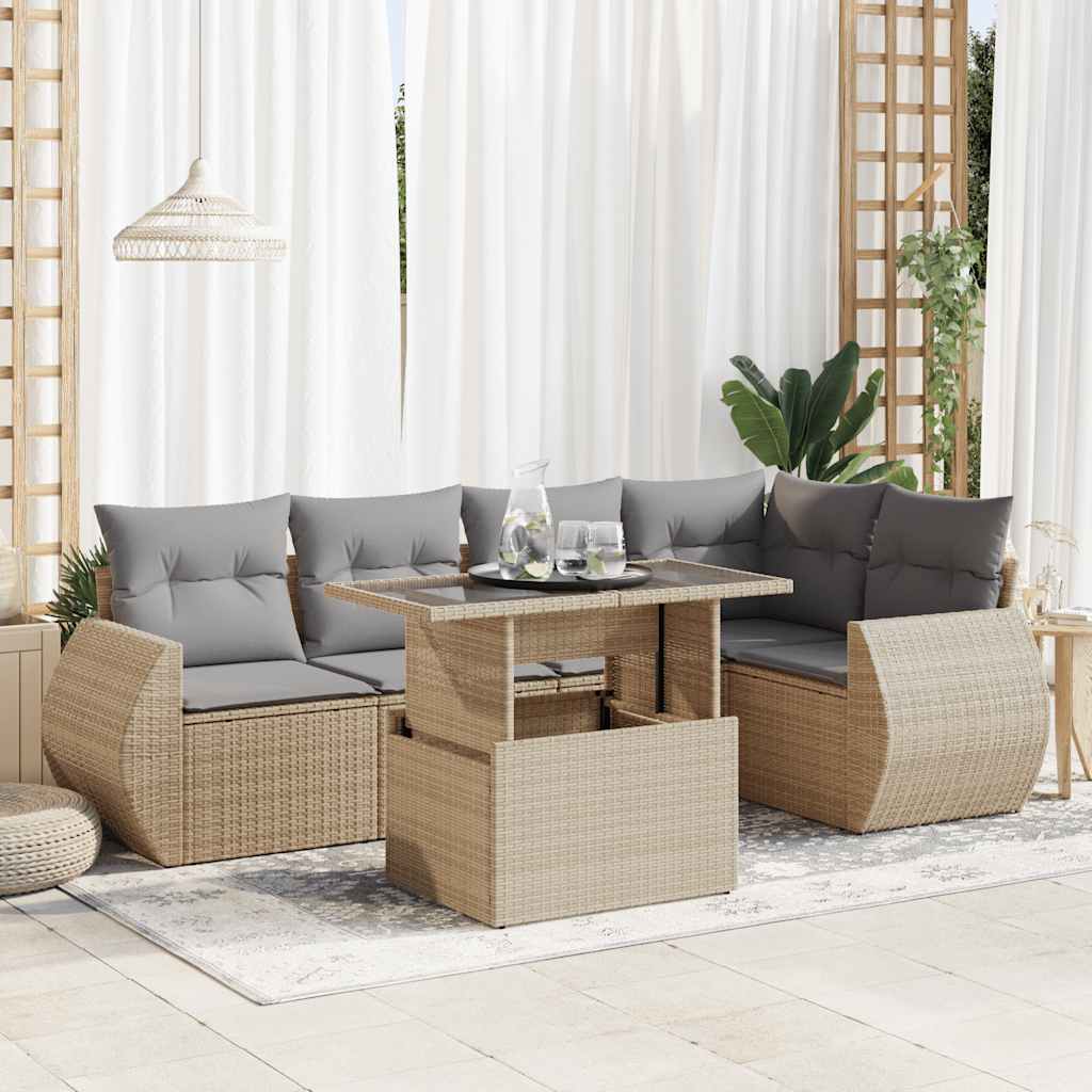 vidaXL 6-tlg. Garten-Sofagarnitur mit Kissen Beige Poly Rattan