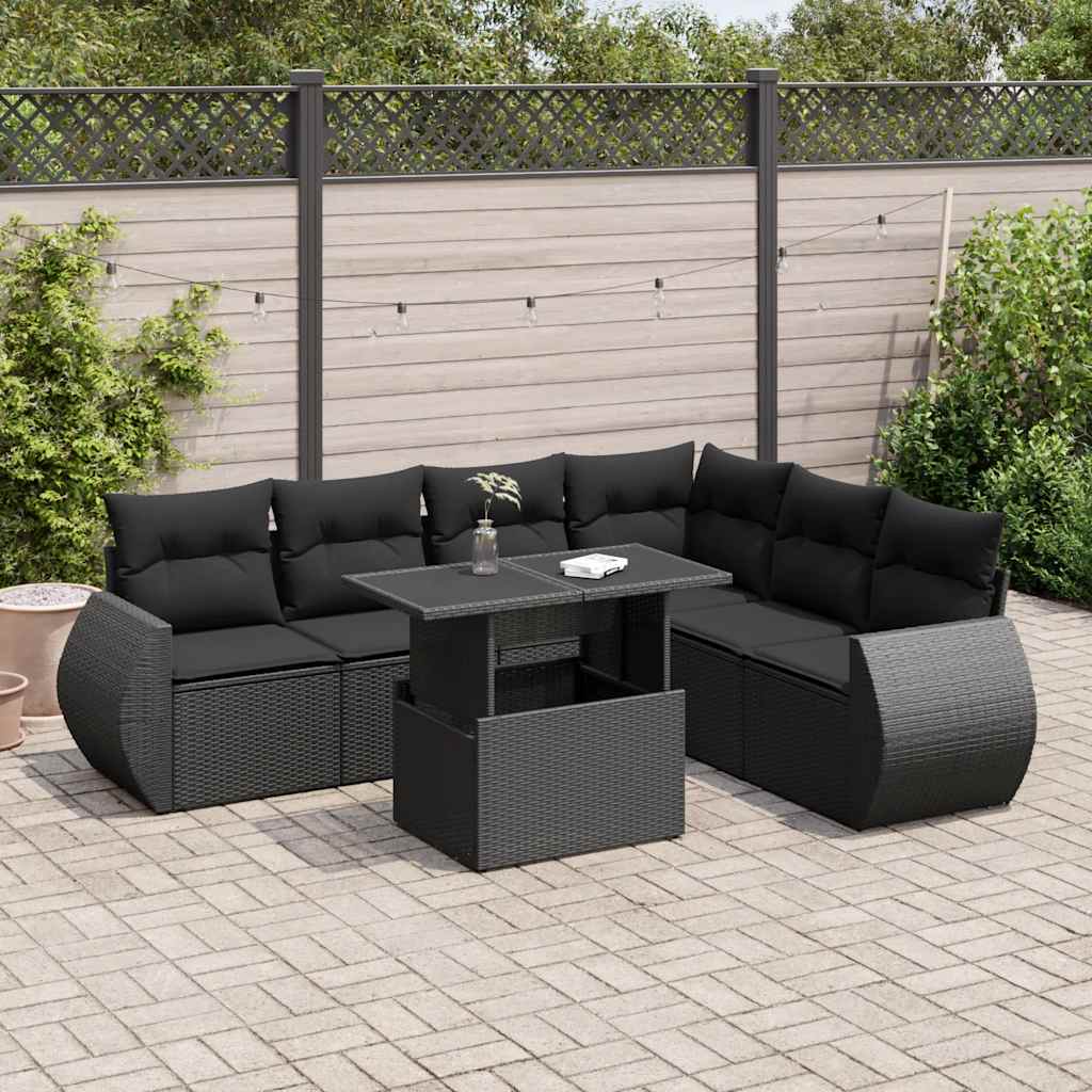 vidaXL 7-tlg. Garten-Sofagarnitur mit Kissen Schwarz Poly Rattan