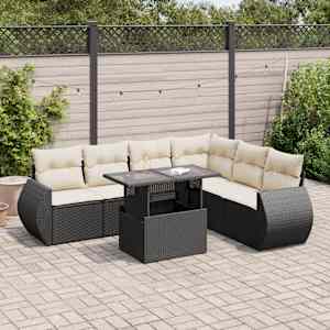 Vrtna sedežna garnitura 7-delna z blazinami črn poli ratan