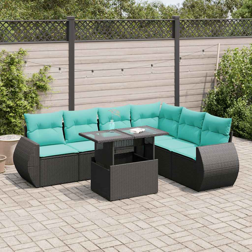 vidaXL 7-tlg. Garten-Sofagarnitur mit Kissen Schwarz Poly Rattan