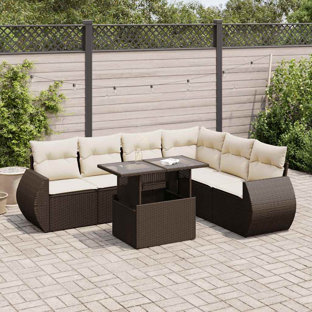 7-tlg. Garten-Sofagarnitur mit Kissen Braun Poly Rattan