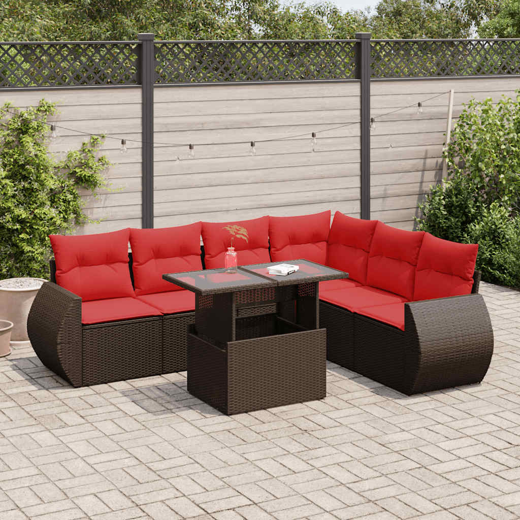 7 Piece Garden Sofa Set with Cushions Brown Poly Rattan Acacia